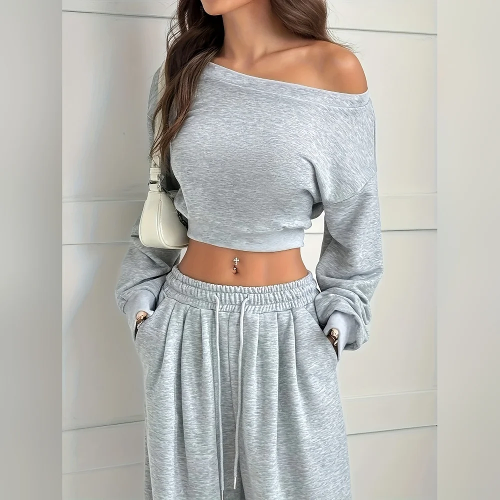 Women's Full Size Boat Neck Crop Top & Wide-Leg Pants Set In Gray Plus Size - Picture 2 of 13